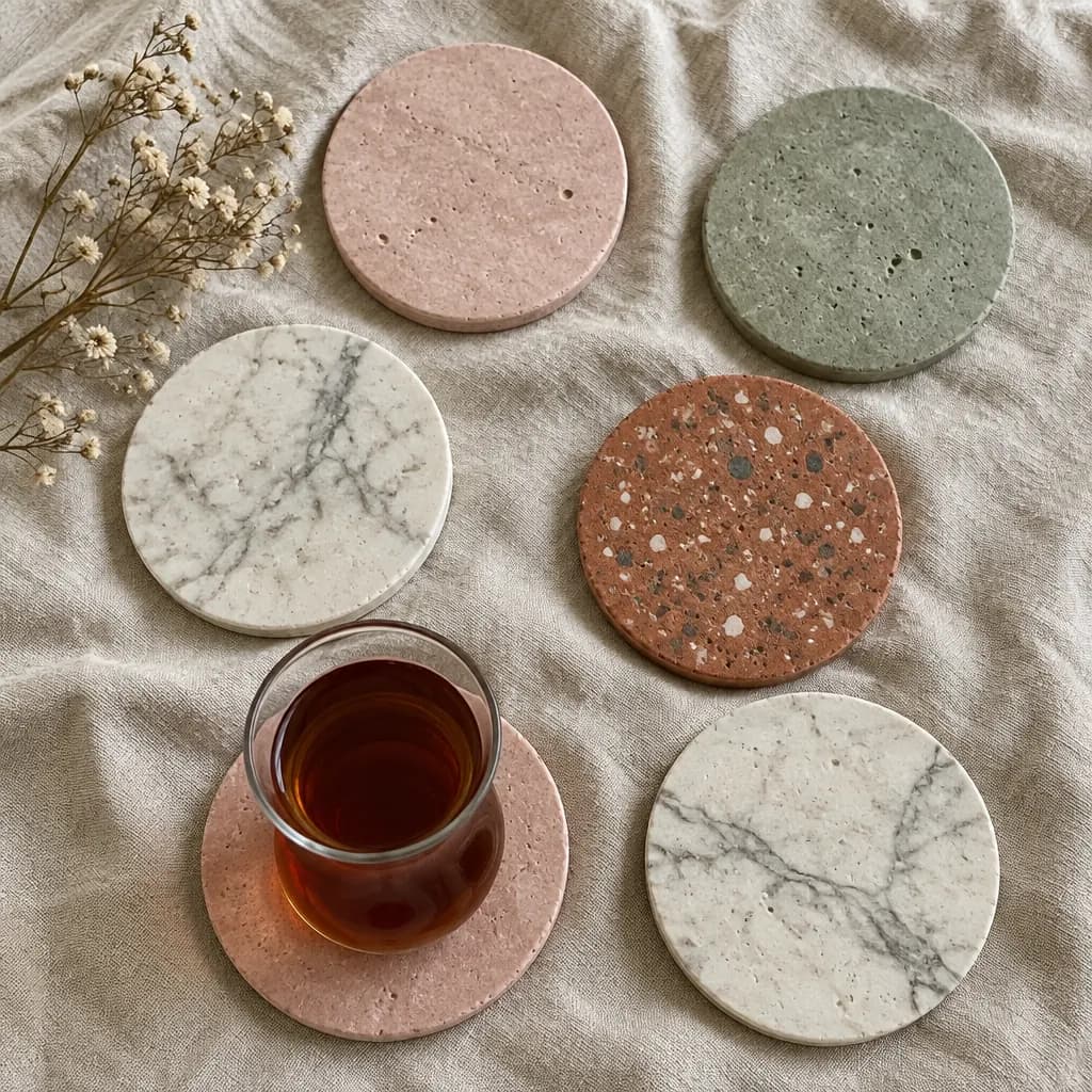 Keten örtü üzerinde pembe, adaçayı yeşili, mermer desenli ve terrazzo bardak altlıkları