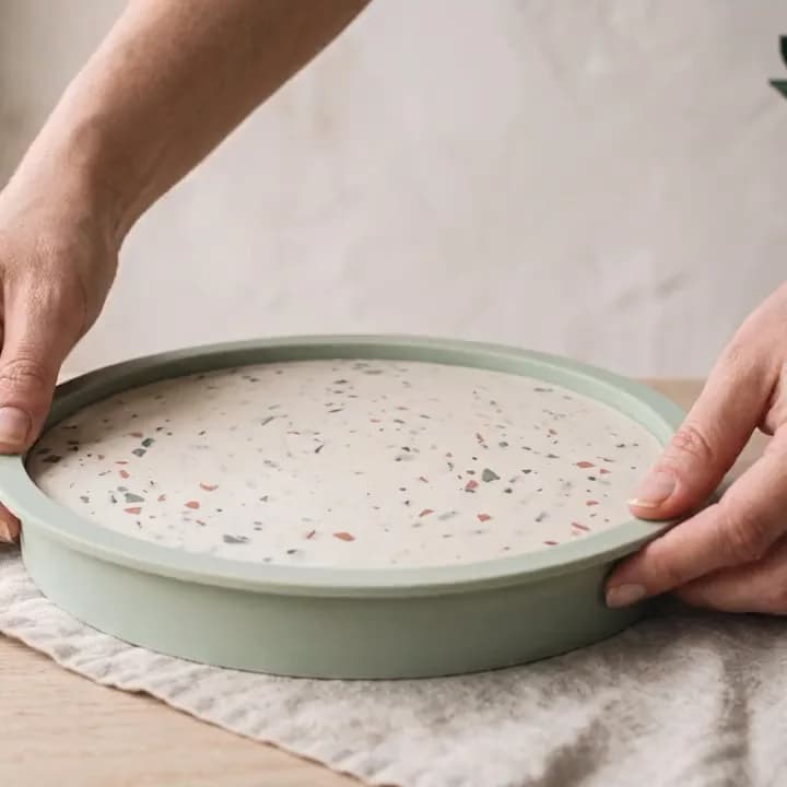 Sertleşmiş yuvarlak terrazzo altlık, adaçayı yeşili silikon kalıptan iki elle kaldırılıyor
