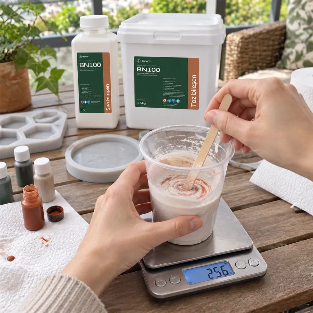 Mutfak tartısındaki bardakta BN100 karışımına kiremit rengi pigment ekleniyor