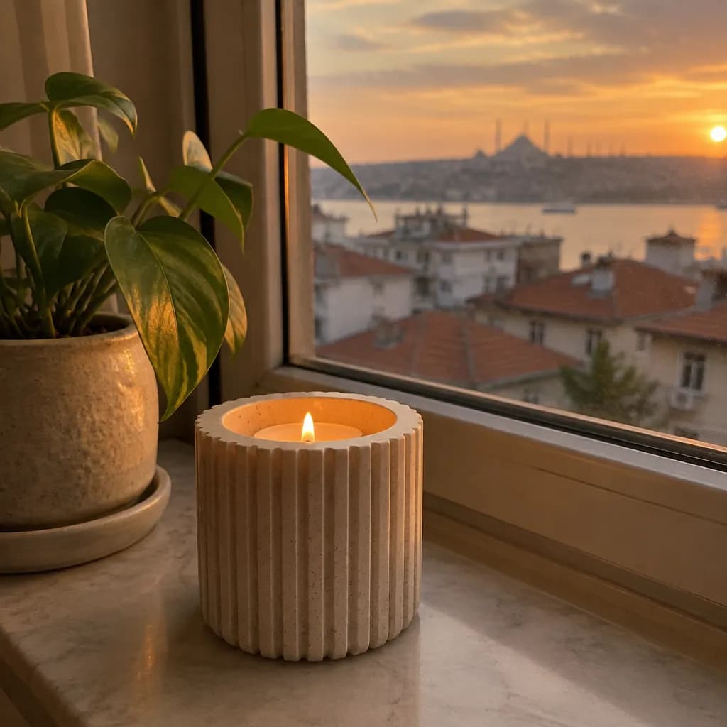 Gün batımında pencere önünde yanan tealight ile çizgili taş görünümlü mumluk