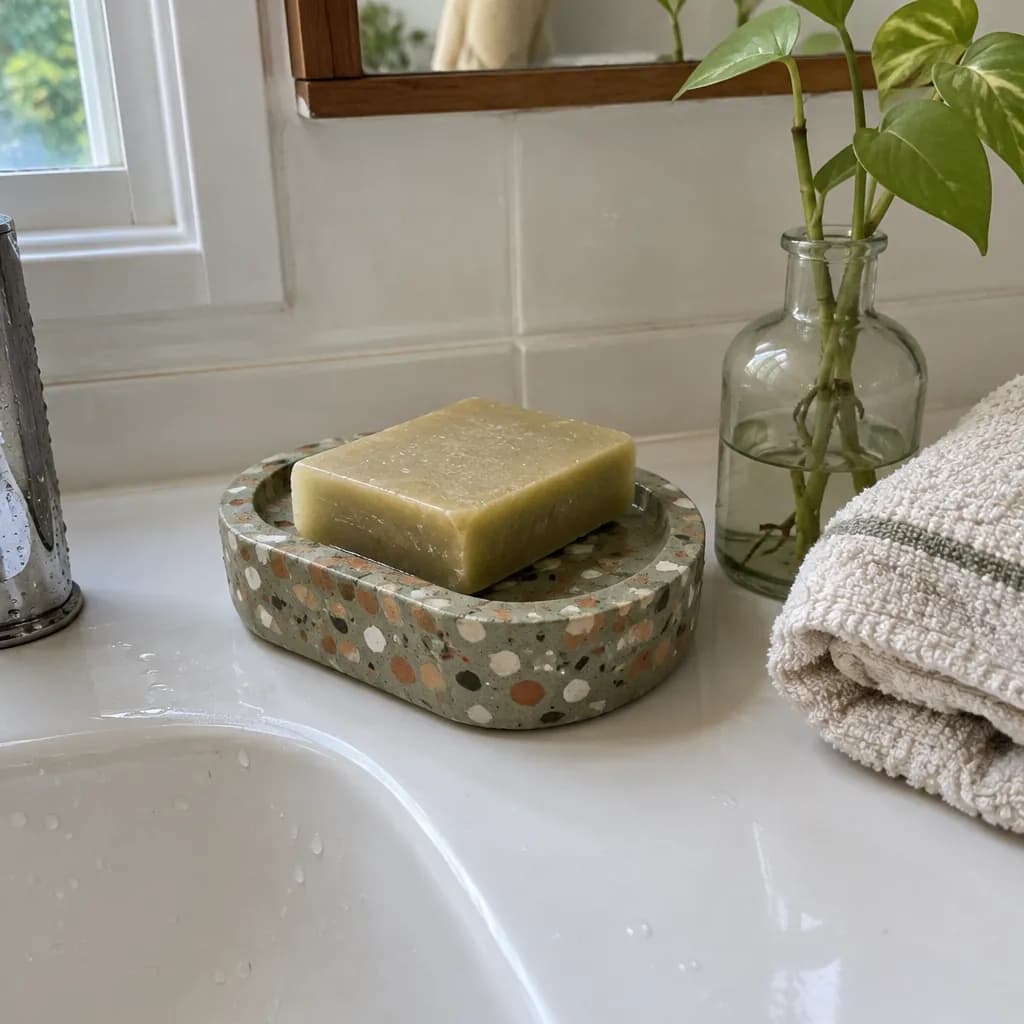 Lavabo kenarında zeytinyağlı sabun taşıyan yeşil terrazzo sabunluk